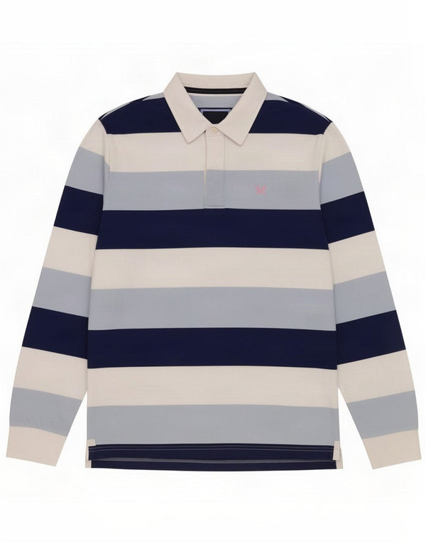 Crew Clothing Mens Long Sleeve Rugby Polo Shirt Large Blue Striped Cotton