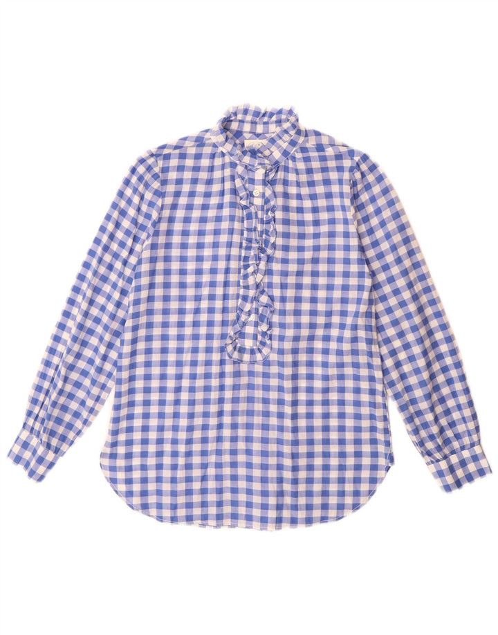 J. Crew Blusa feminina de manga comprida com babados na frente US 4 pequena xadrez azul