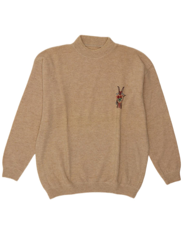 Suéter feminino vintage com gola tartaruga Reino Unido 18 XL lã de cordeiro bege