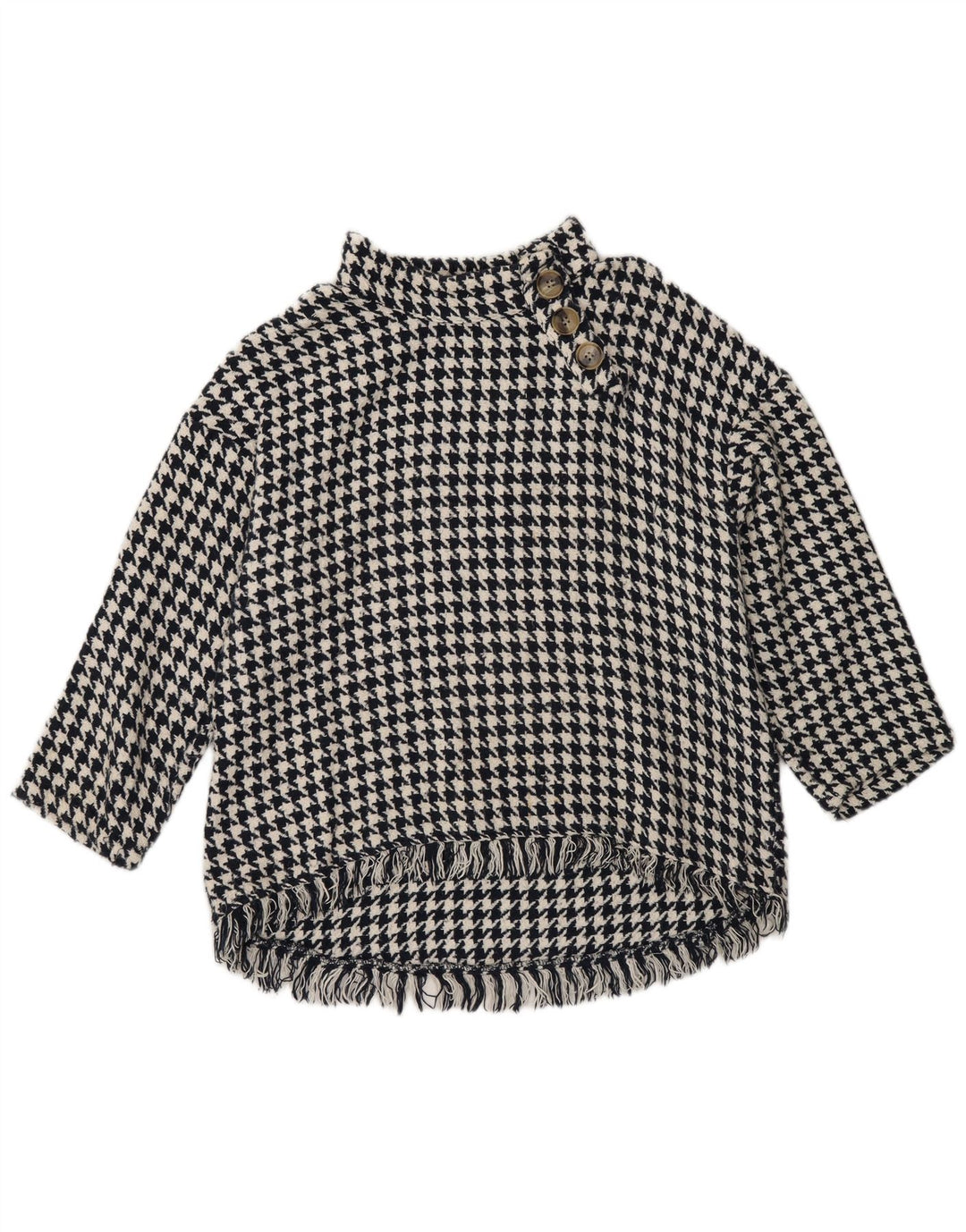 Zara Suéter feminino com gola redonda e botão UK 14 médio preto Houndstooth