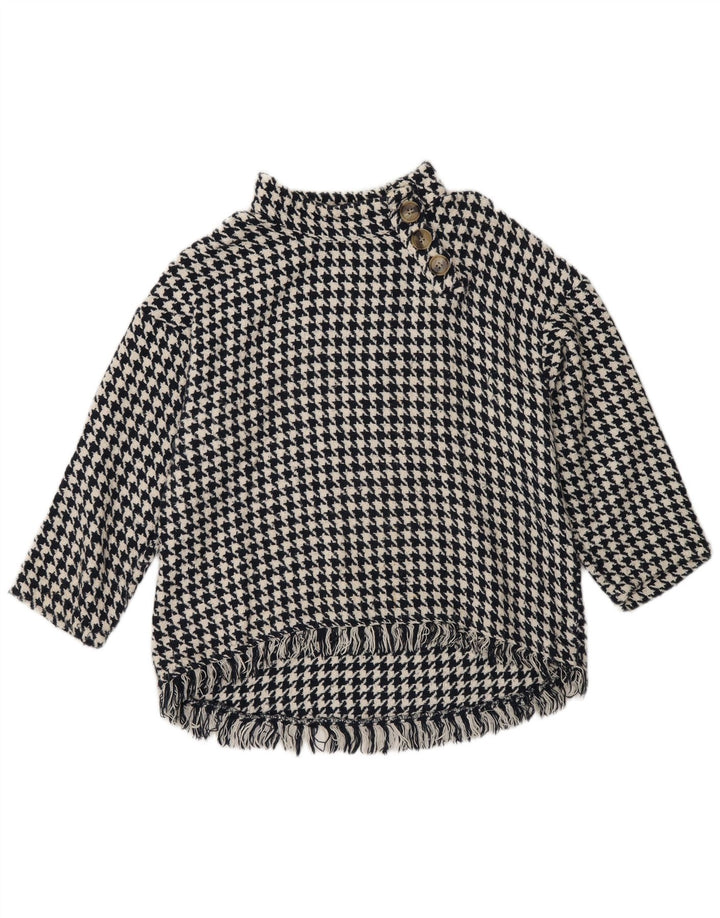 Zara Suéter feminino com gola redonda e botão UK 14 médio preto Houndstooth