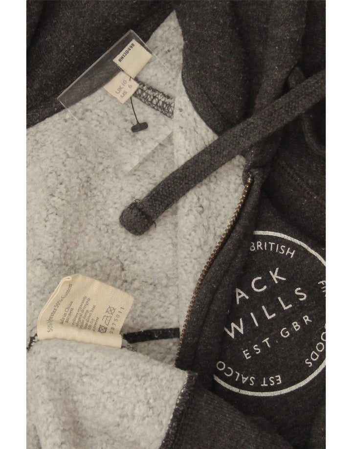 Suéter feminino com capuz e zíper gráfico Jack Wills Reino Unido 10 poliéster cinza pequeno