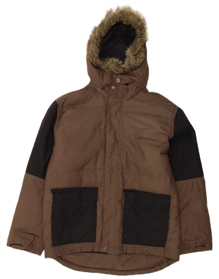 Jaqueta acolchoada com capuz masculina Adidas UK 38 poliéster colorblock marrom médio