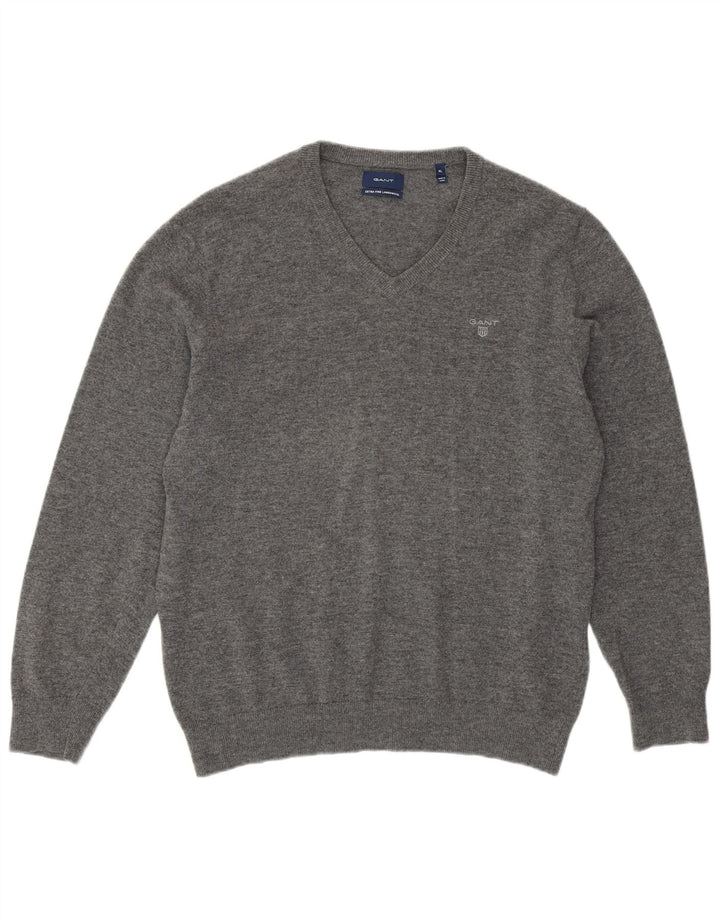 Suéter masculino GANT com decote em V XL lã de cordeiro cinza