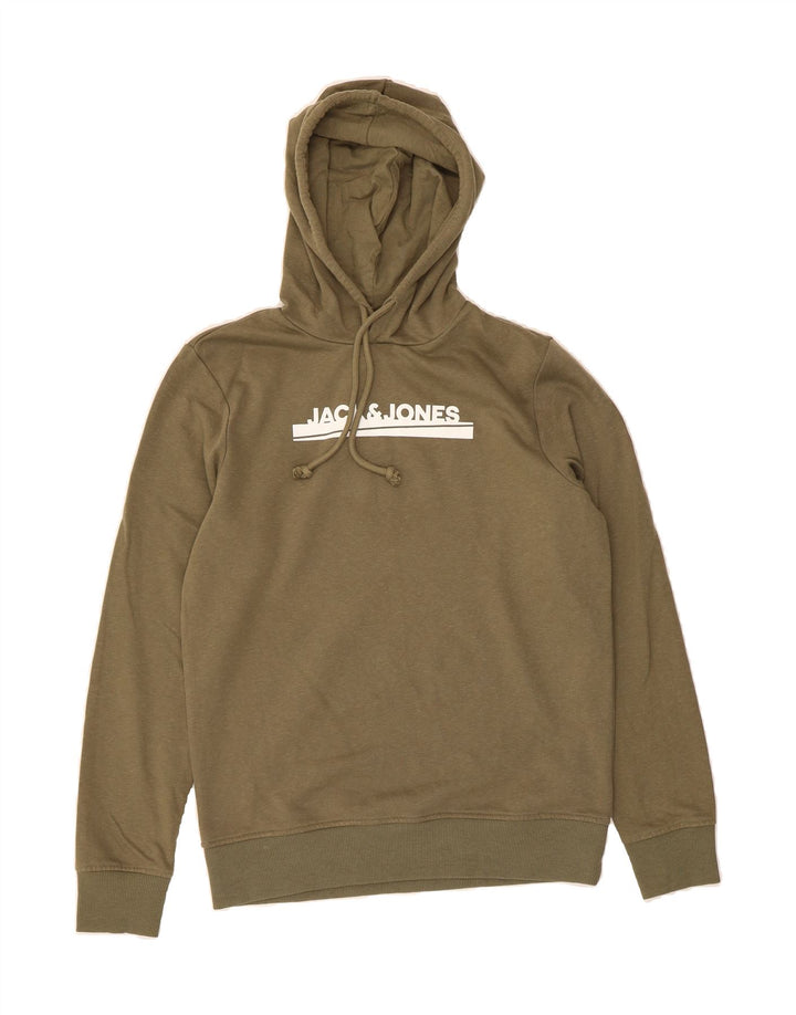 JACK & JONES Mens Graphic Hoodie Jumper Small Khaki Cotton Vintage Jack & Jones and Second-Hand Jack & Jones from Messina Hembry 