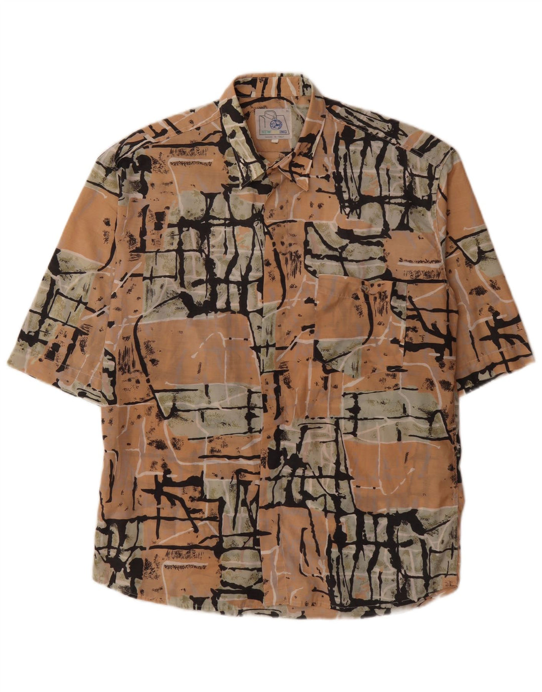 Camisa masculina vintage abstrata padrão manga curta grande multicolorida