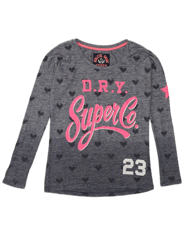 Top gráfico feminino Superdry manga comprida UK 10 pequeno azul marinho manchado amor
