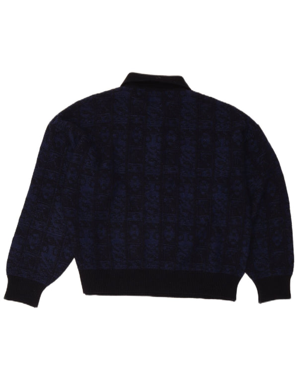 Aeffe Mens Polo Neck Jumper Sweater IT 50 Medium Navy Blue Geometric Wool