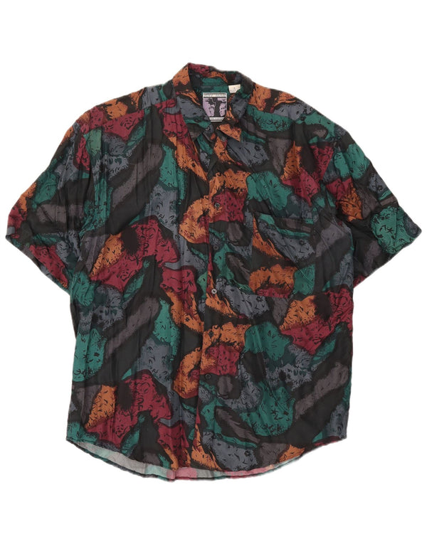 Vintage masculino abstrato Padrão camisa de manga curta seda multicolorida média