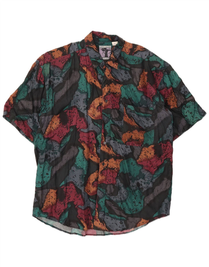 Vintage masculino abstrato Padrão camisa de manga curta seda multicolorida média