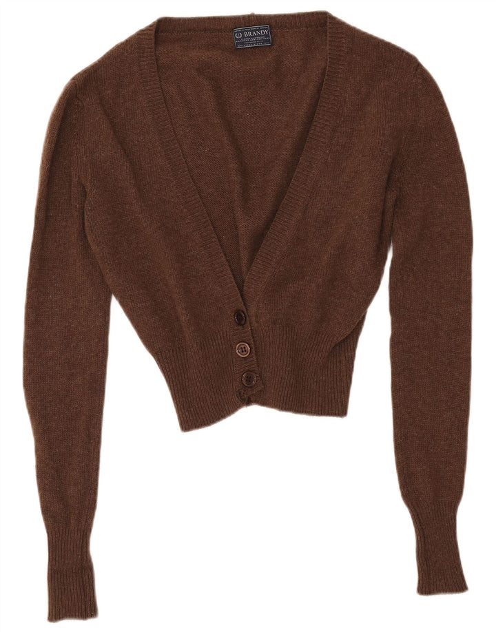 Suéter cardigã feminino VINTAGE Reino Unido 14 lã de cordeiro marrom médio