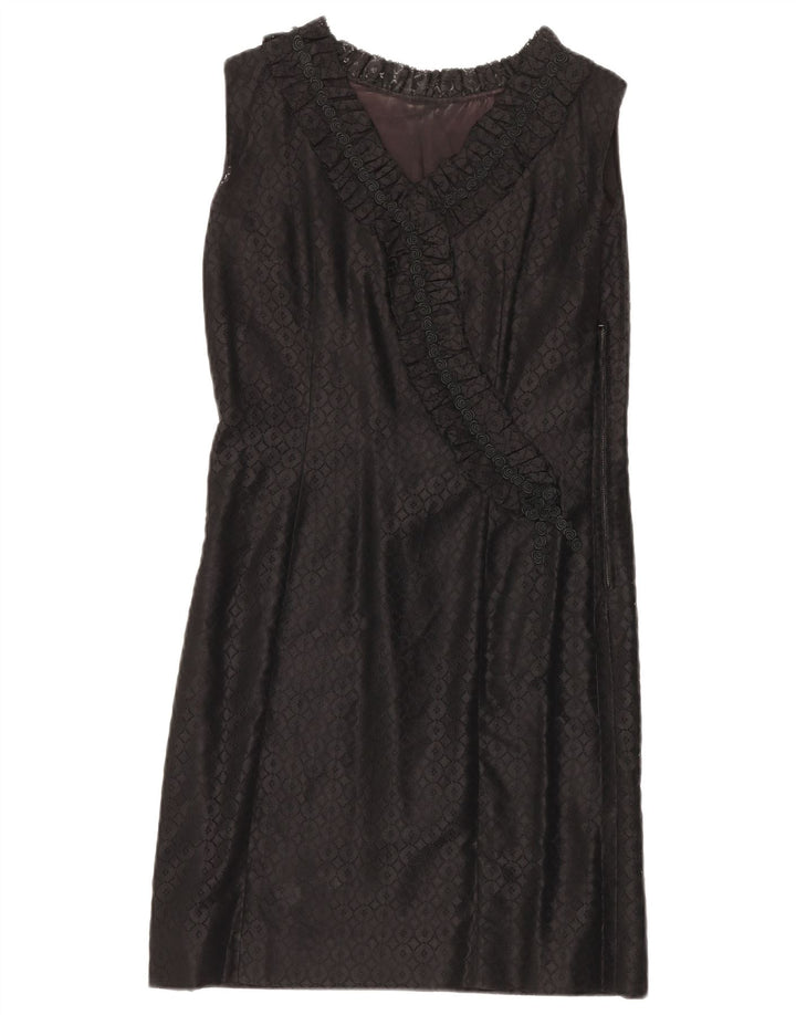 Vestido feminino VINTAGE sem mangas de renda UK 12 médio preto floral