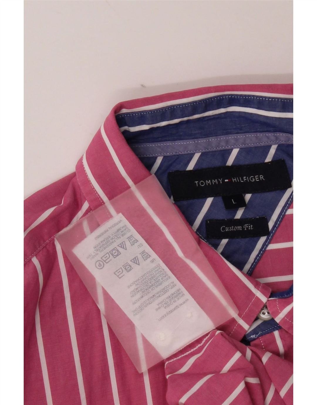 Camisa masculina Tommy Hilfiger Custom Fit grande algodão listrado rosa