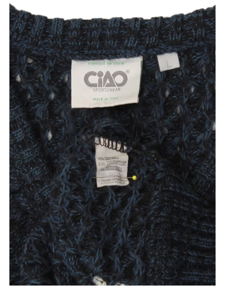 Suéter masculino Ciao com decote em V grande bloco colorido azul acrílico