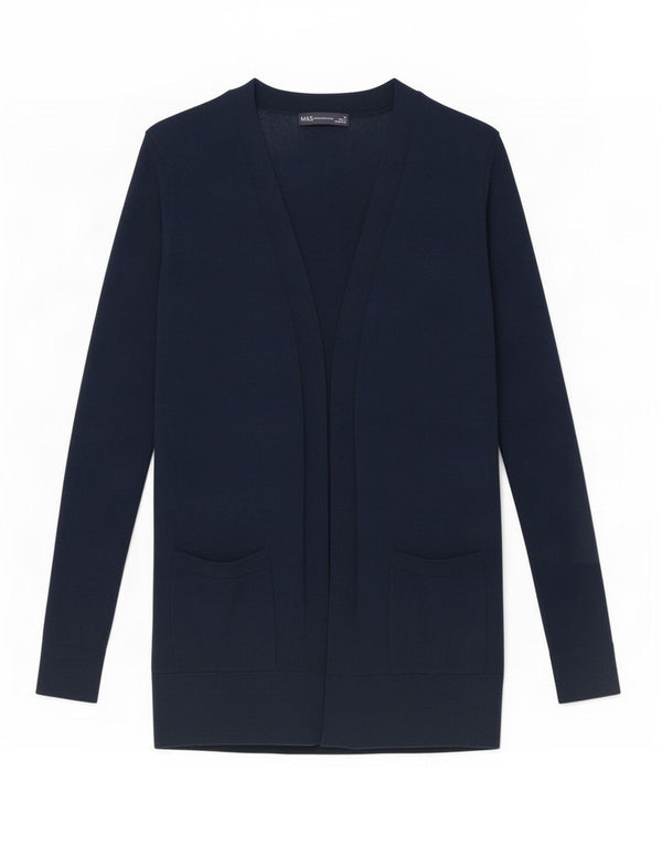 Suéter cardigã aberto feminino Marks & Spencer Reino Unido 10 pequeno algodão azul marinho
