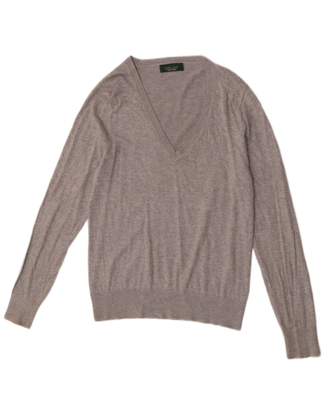 Suéter masculino Zara com decote em V cinza médio manchado