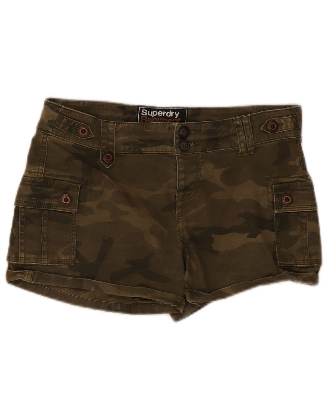 Shorts cargo feminino Superdry pequeno W30 cáqui camuflado algodão