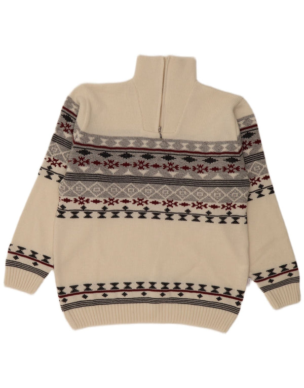 Suéter masculino vintage com zíper e gola XL bege Fair Isle poliacrílico