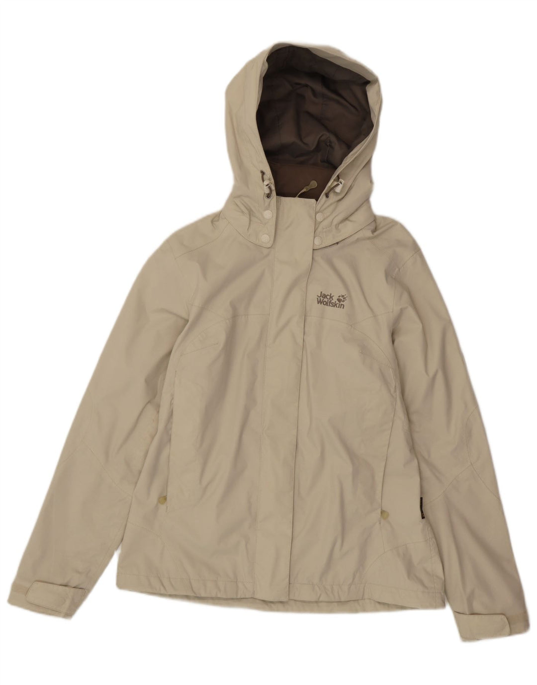 Jaqueta de chuva feminina com capuz Jack Wolfskin Reino Unido 8/10 pequena poliamida bege