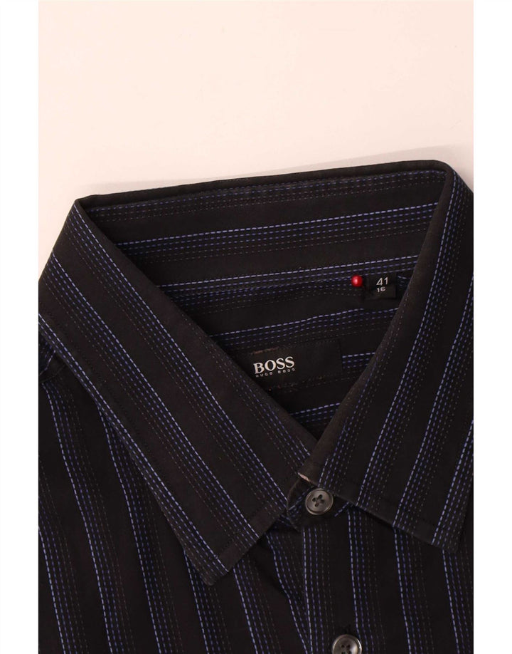 Camisa masculina Hugo Boss tamanho 41 16 grande algodão listrado preto