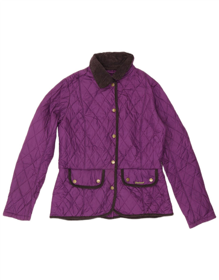 Jaqueta acolchoada feminina Barbour UK 12 poliéster colorblock roxo médio