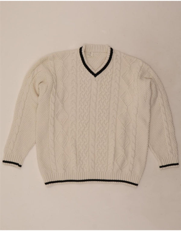 Suéter feminino vintage com decote em V UK 20/22 XL acrílico branco