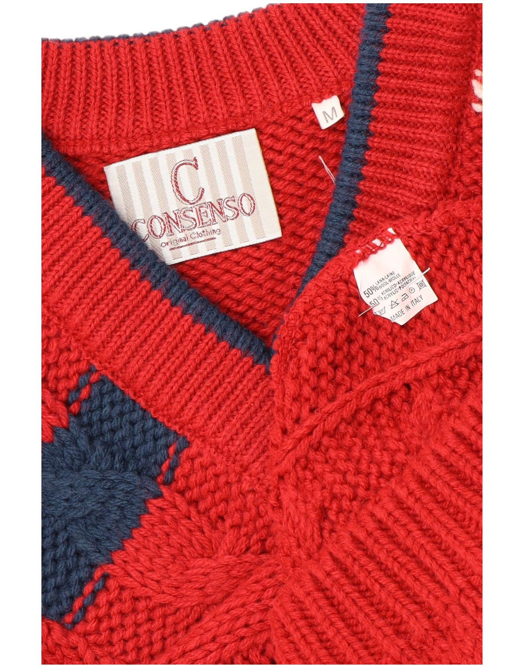 Consenso Suéter masculino gráfico com decote em V, lã colorblock médio vermelho