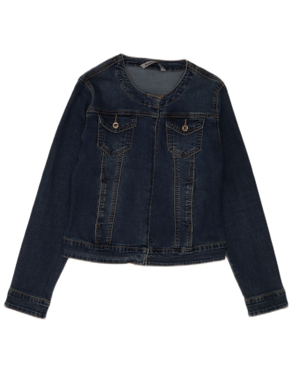 Jaqueta jeans feminina vintage UK 12 algodão azul marinho médio