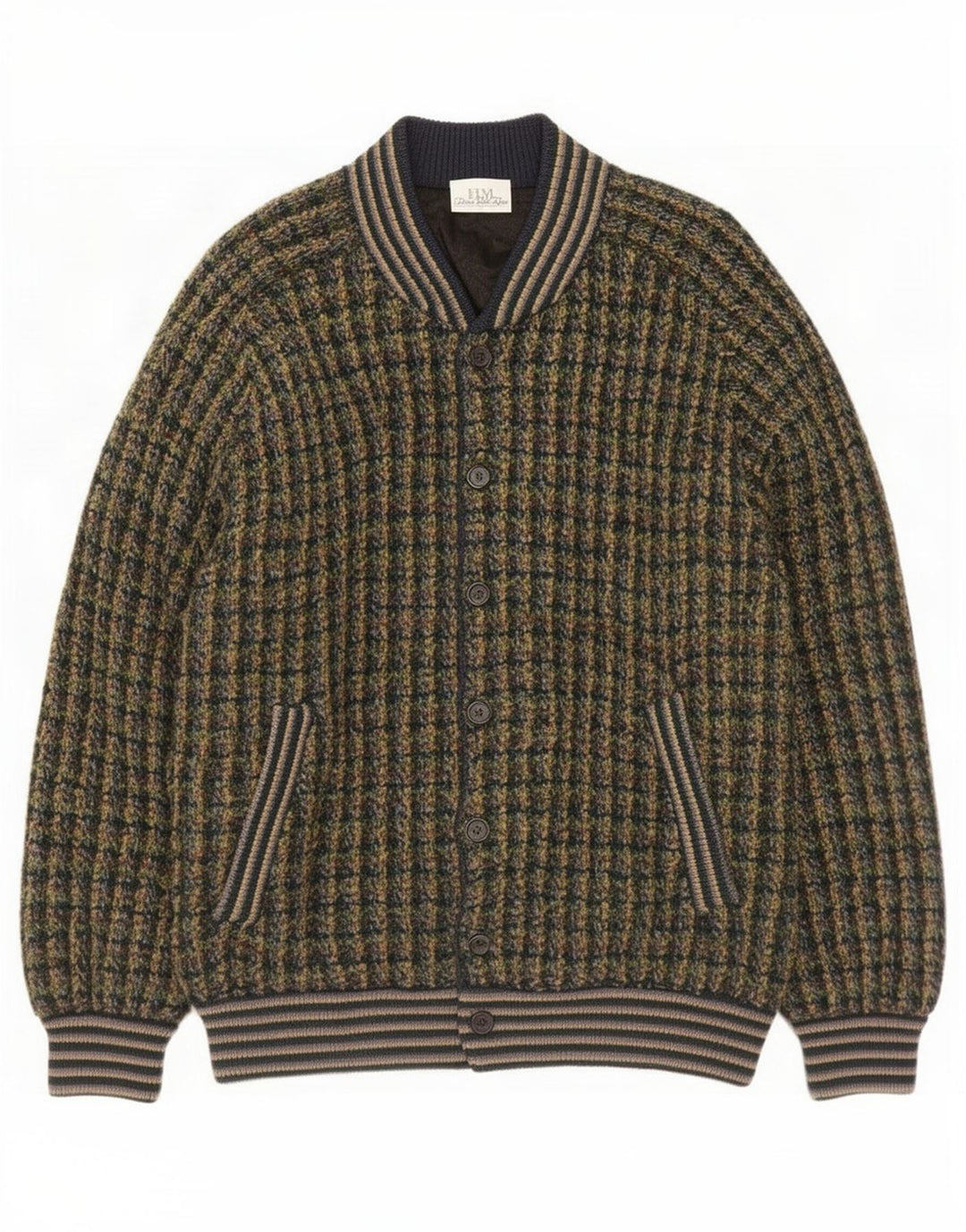 Jaqueta bomber de malha masculina vintage 3XL lã virgem manchada multicolorida