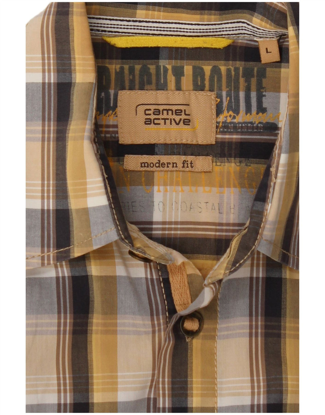 CAMEL ACTIVE Camisa masculina de manga curta com ajuste moderno, algodão xadrez bege grande