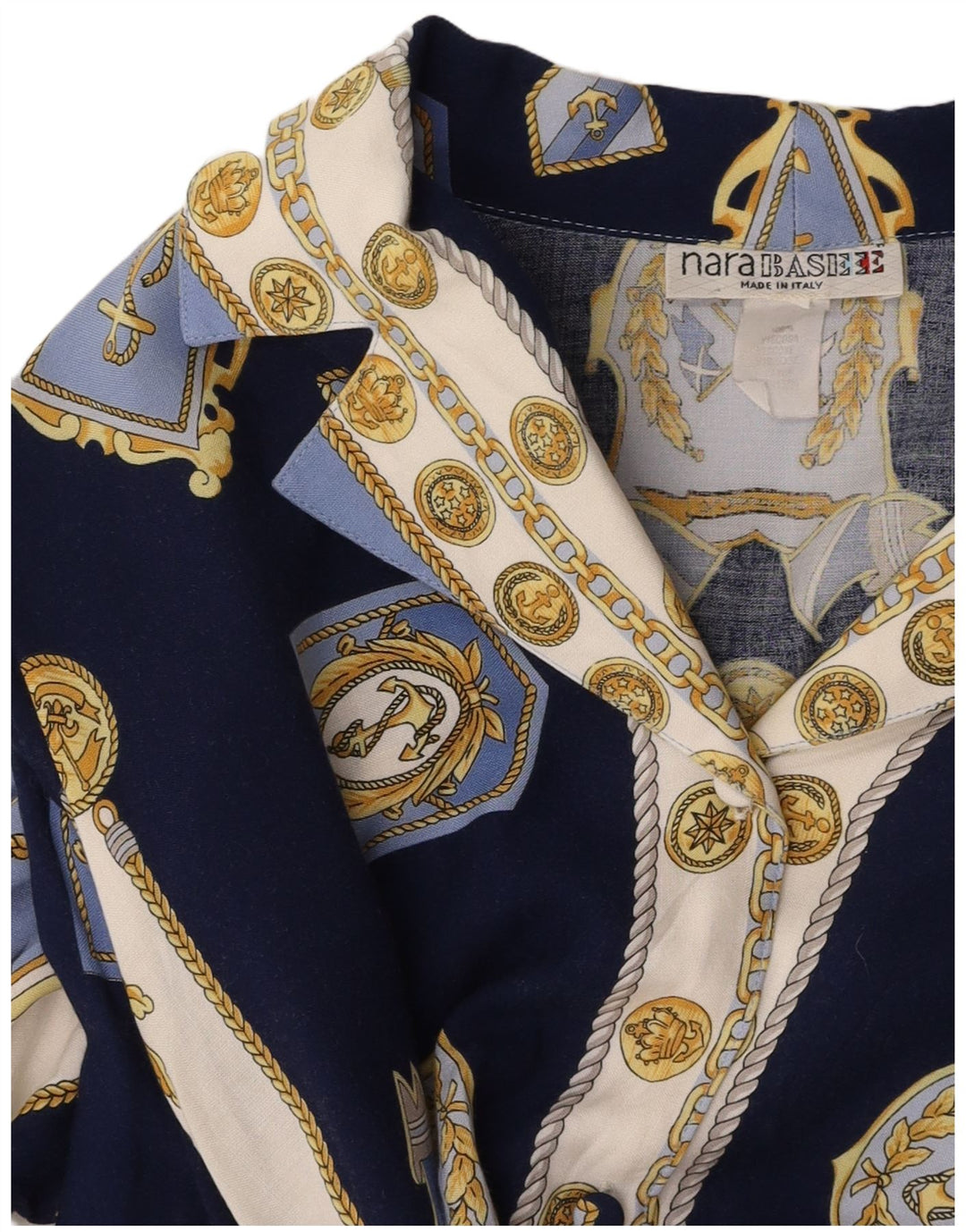 Blusa feminina VINTAGE com padrão abstrato Reino Unido 14 azul marinho médio