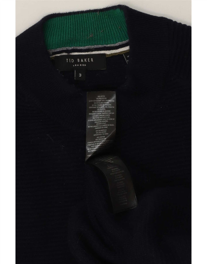 Suéter masculino Ted Baker com gola tartaruga, tamanho 3, algodão azul marinho médio