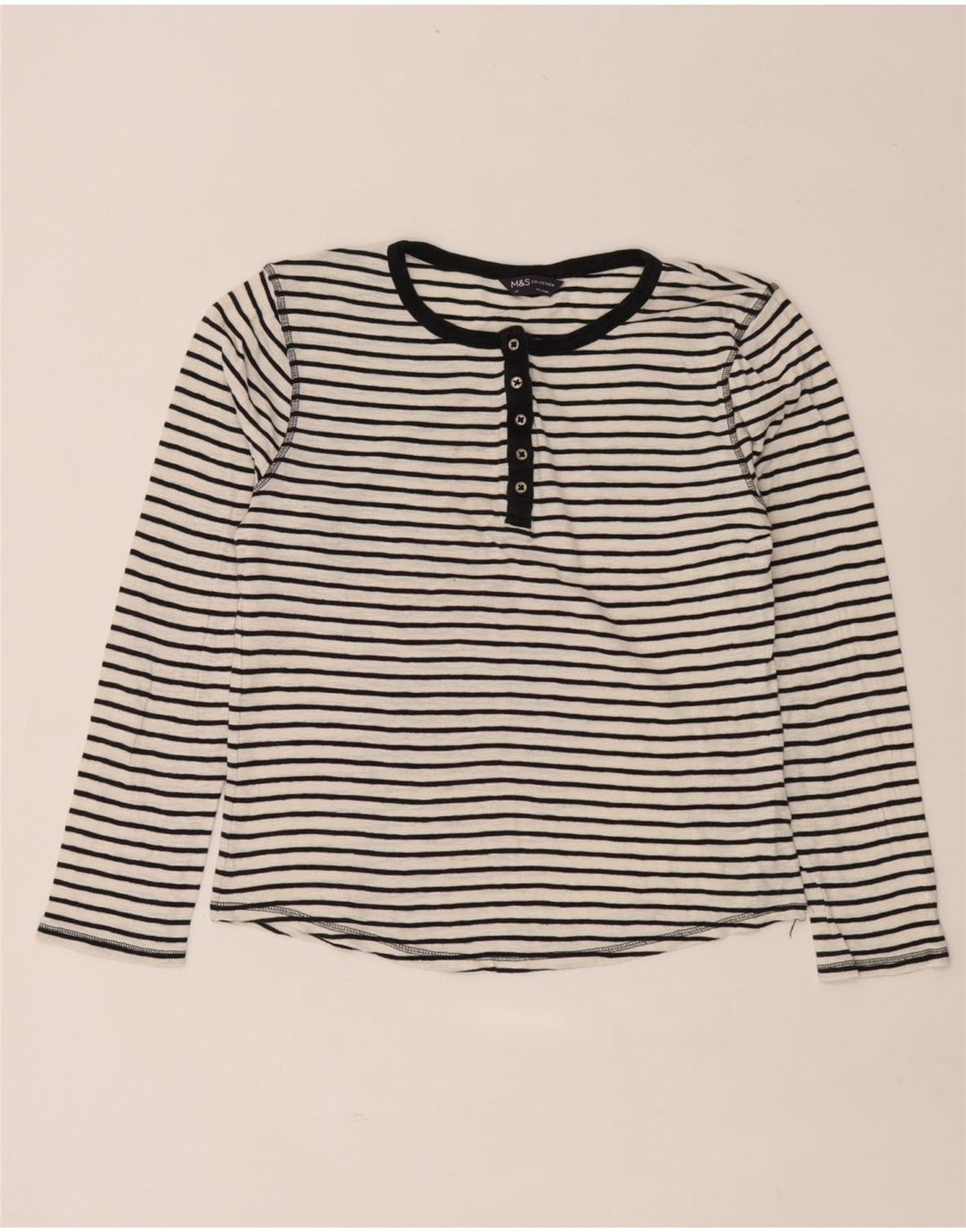 Top feminino Marks & Spencer manga comprida Reino Unido 14 algodão listrado branco médio