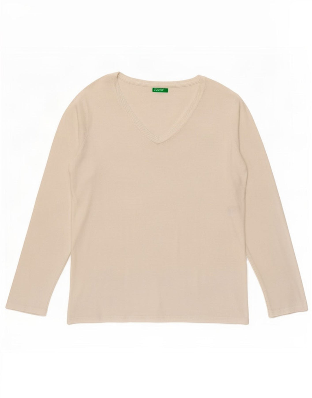 Top feminino Benetton manga comprida UK 14 médio branco