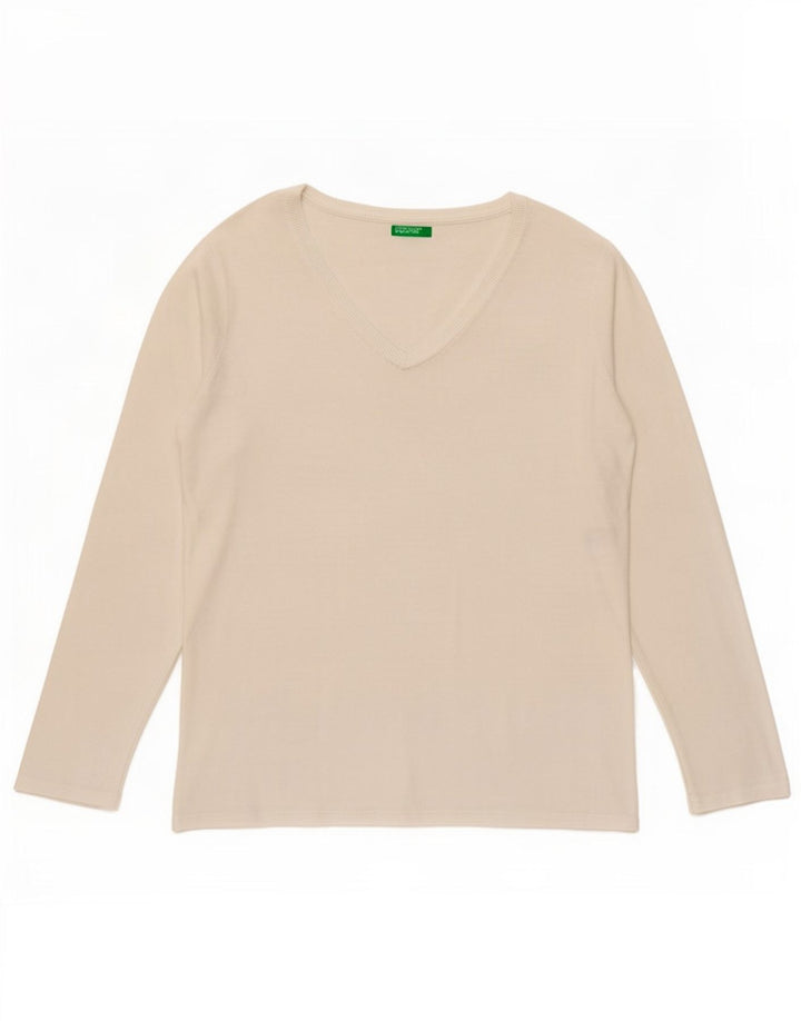 Top feminino Benetton manga comprida UK 14 médio branco