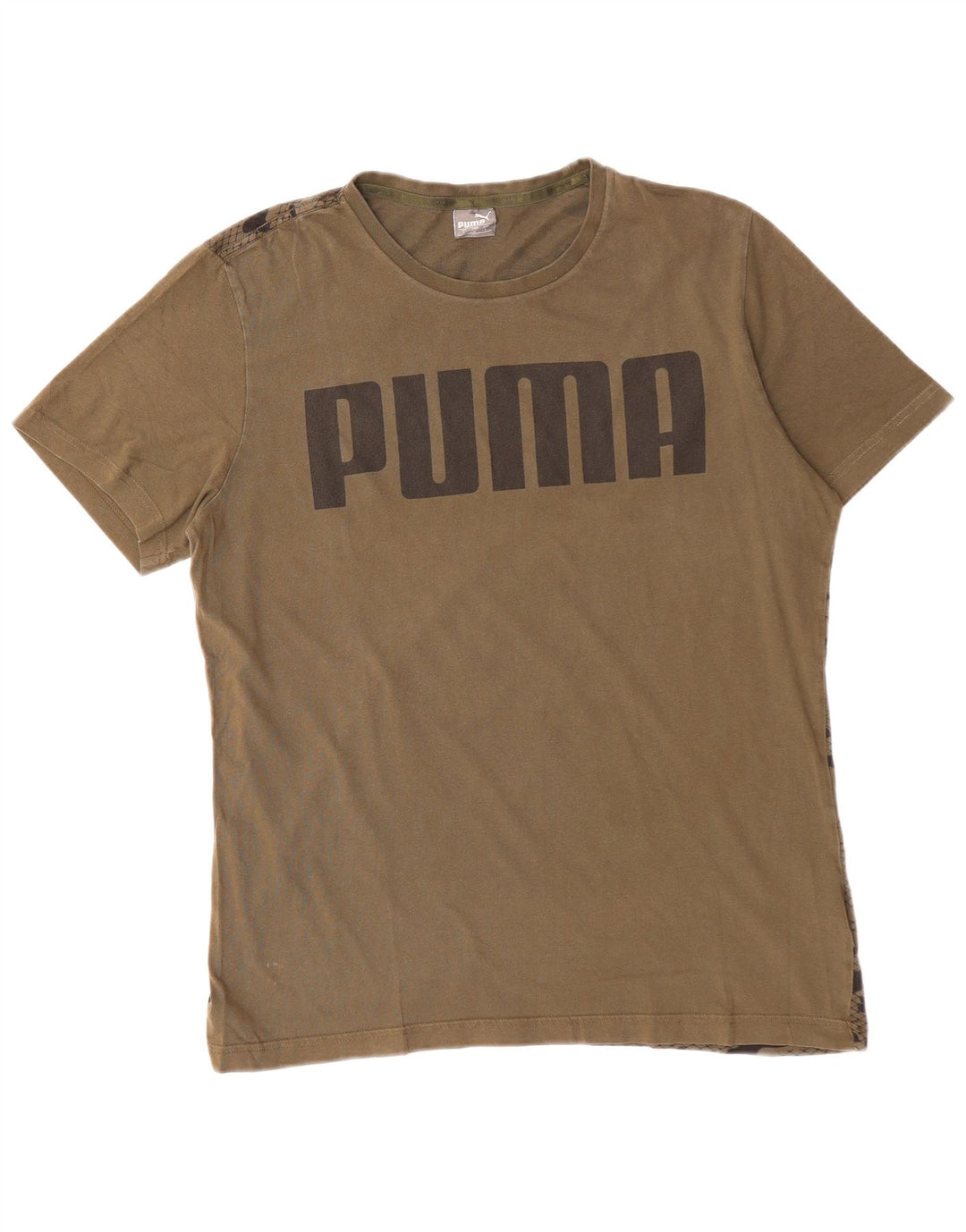 Camiseta masculina PUMA com estampa gráfica grande algodão camuflado cáqui