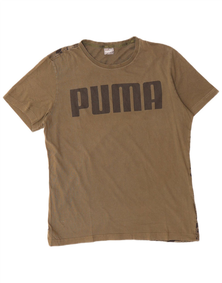 Camiseta masculina PUMA com estampa gráfica grande algodão camuflado cáqui