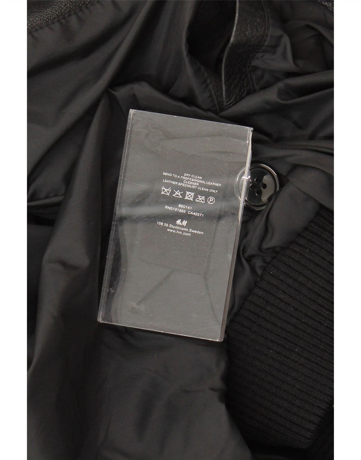 Jaqueta de couro militar feminina H&M UK 12 couro preto médio