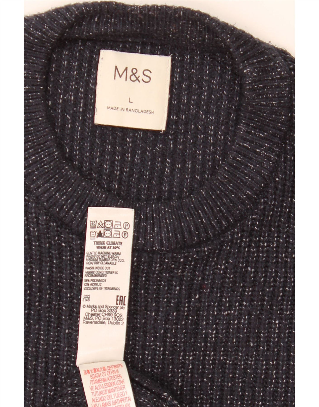 Suéter masculino Marks & Spencer com gola redonda grande azul marinho manchado