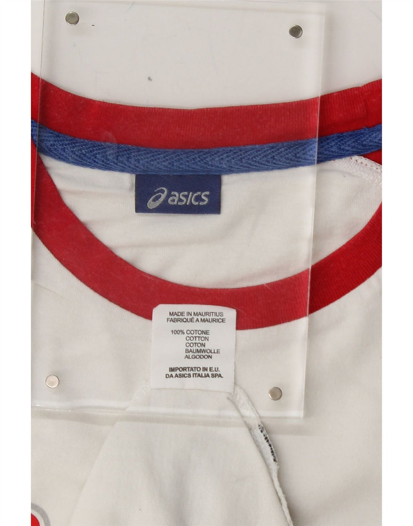 ASICS Womens Graphic T-Shirt Top UK 14 Medium White Colourblock Cotton Vintage Asics and Second-Hand Asics from Messina Hembry 