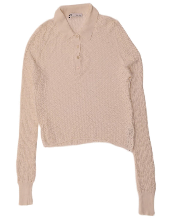 Suéter feminino Zara com gola polo e viscose branca média UK 12