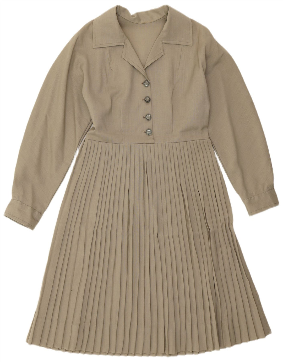 Vestido feminino vintage manga comprida evasê UK 12 médio cáqui