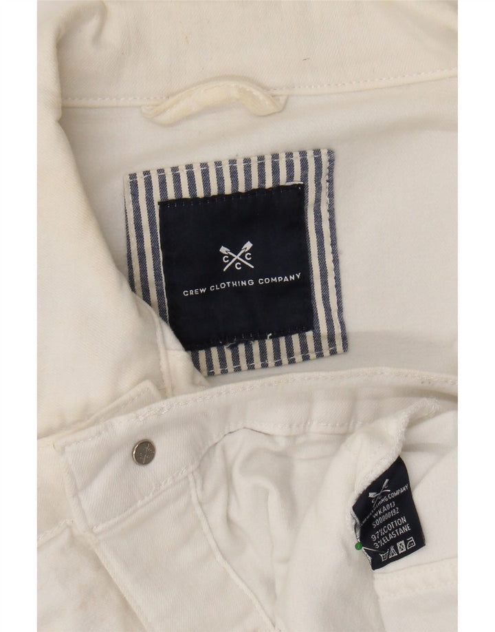 CREW CLOTHING Jaqueta jeans feminina cortada Reino Unido 14 algodão branco médio