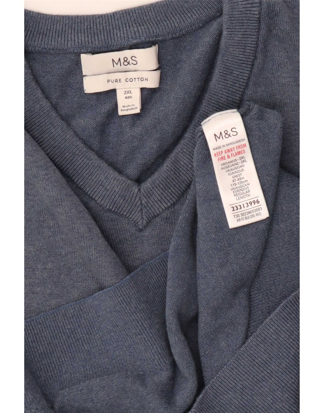 Suéter masculino Marks & Spencer com decote em V 2XL algodão azul
