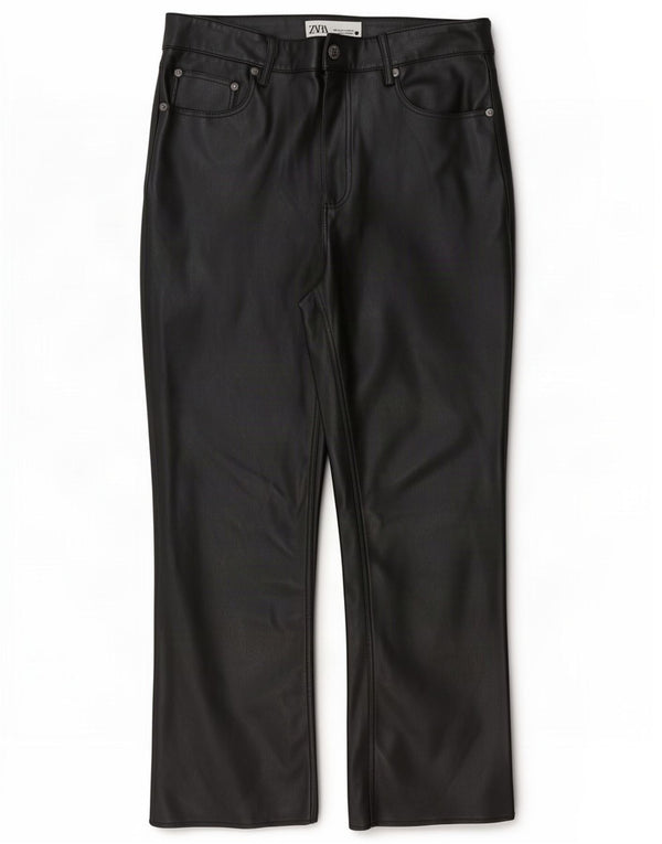 Zara Calça feminina cropped de couro sintético EU 38 pequena W28 L25 preta