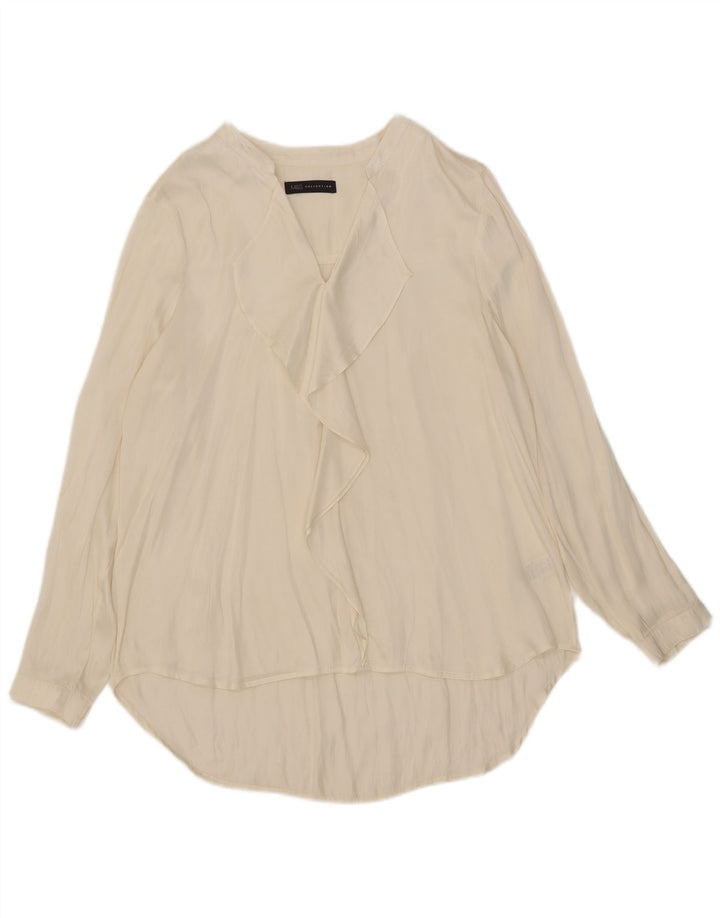 Blusa feminina Marks & Spencer com babados na frente e manga comprida Reino Unido 18 XL bege