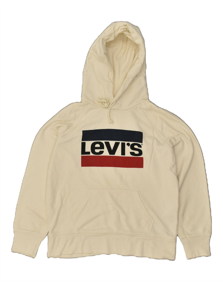 LEVI'S Womens Oversized Graphic Hoodie Jumper UK 6 XS Off White Cotton Vintage Levi's and Second-Hand Levi's from Messina Hembry 