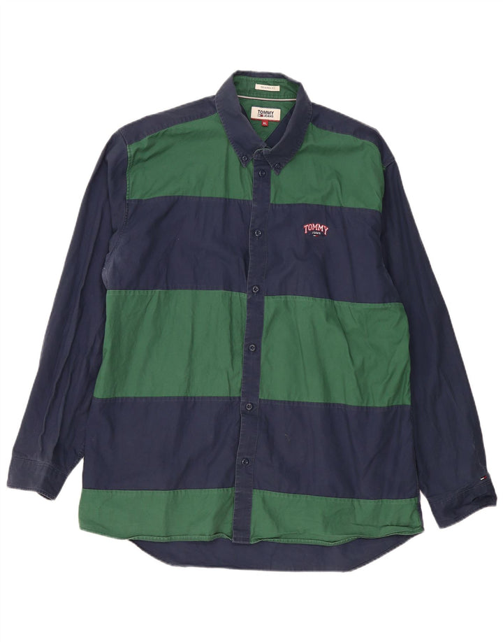 Camisa masculina TOMMY HILFIGER de ajuste relaxado XL azul marinho algodão colorblock