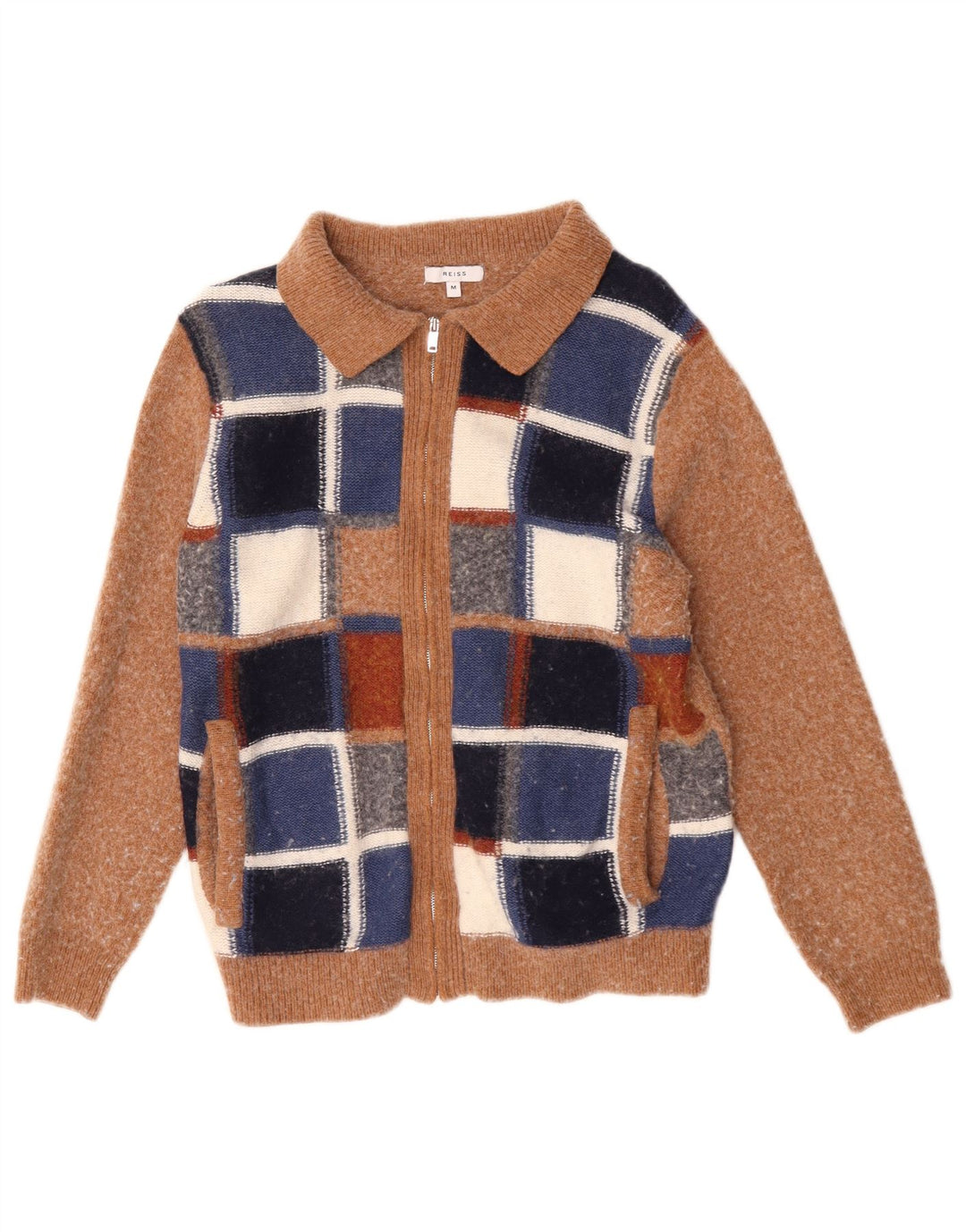 Suéter feminino Reiss com gola e zíper Reino Unido 14 marrom médio geométrico