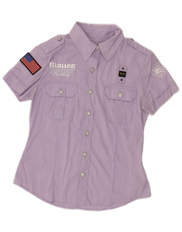 Camisa feminina Blauer com estampa militar de manga curta Reino Unido 12 médio roxo